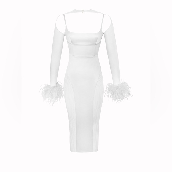 NWT Miss Circle White Satin Mesh Sleeve Dress With Feather - Picture 10 of 15